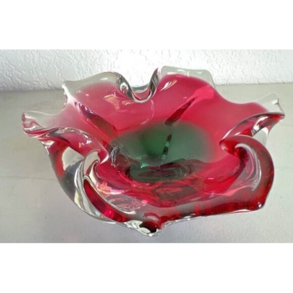 Vintage Bohemia Crystal Red & Clear Art Glass Bowl Made In Czechoslovakia Ruffle - Picture 8 of 9